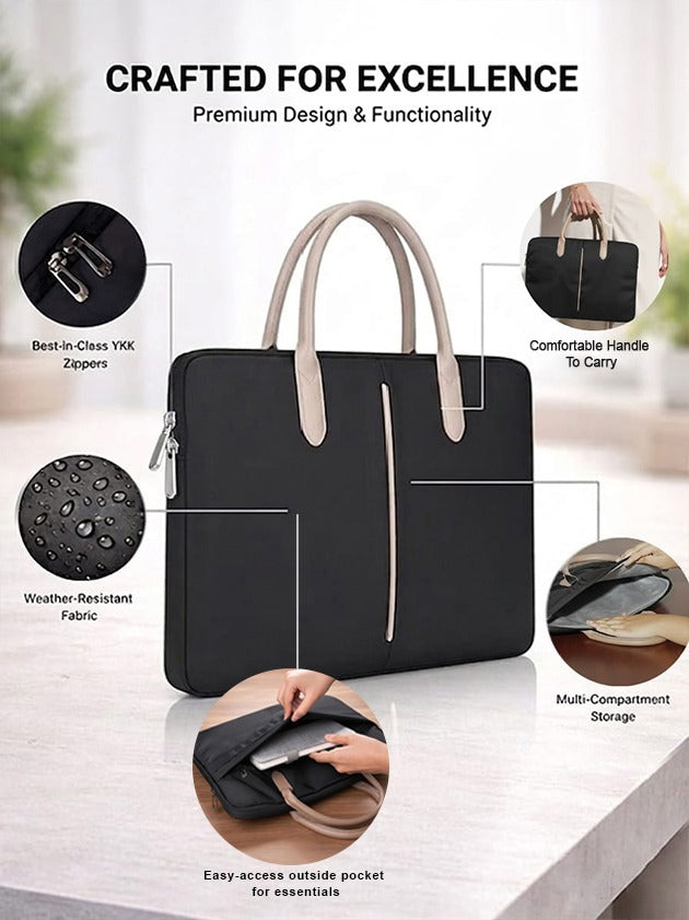 Travessary Handy Safe 14 inch laptop sleeve with weather-resistant fabric and multi-compartment storage.
